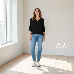 ZARA WOMAN, Black Polyester Flow Blouse XL 3/4 Sleeve V-Neck Minimal Chic